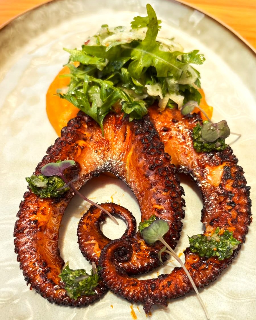 Another taste of what's coming. 👀🦞

Meet Grilled Octopus! With silky sweet potato purée, fresh salad, cilantro-lime chimichurri, and mild chile.

New on our October menu! 
📲 Reserve your seat | Link in bio
.
.
.
#AkashaBelize #NewMenu #Grilledoctopusakasha